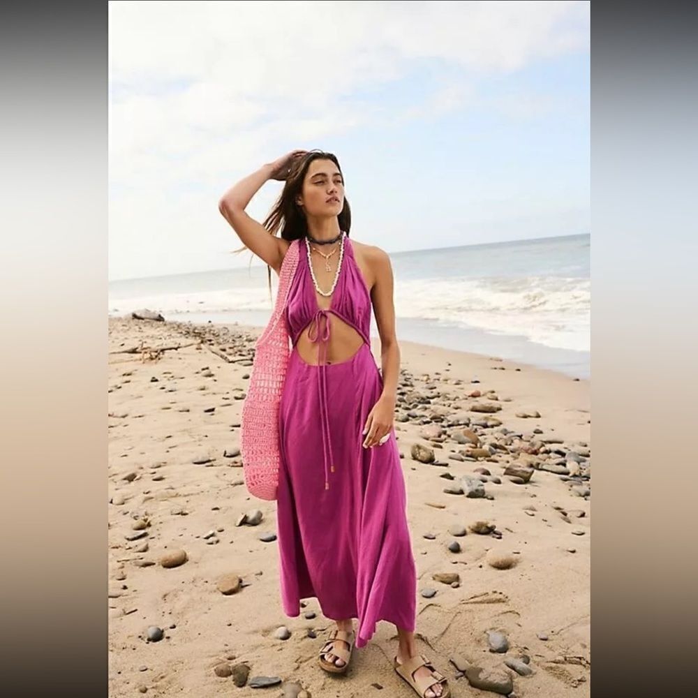 New Free People Got A Crush Midi FREE-EST Dahlia Mauve Halter Cutout
